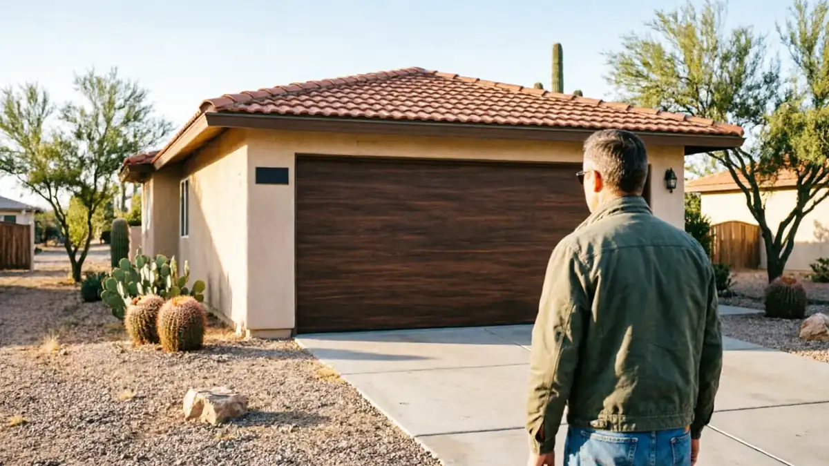 A technician stands in a driveway looking at a brown garage door on a house.