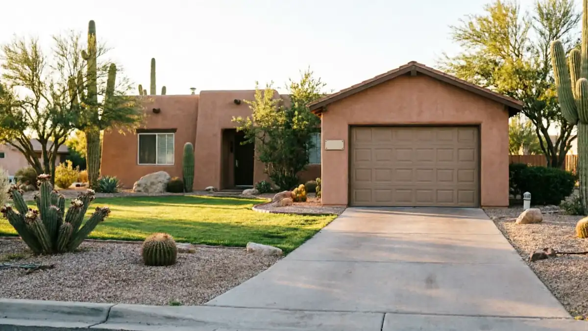 A brown house with a brown garage door and a green lawn with cacti.