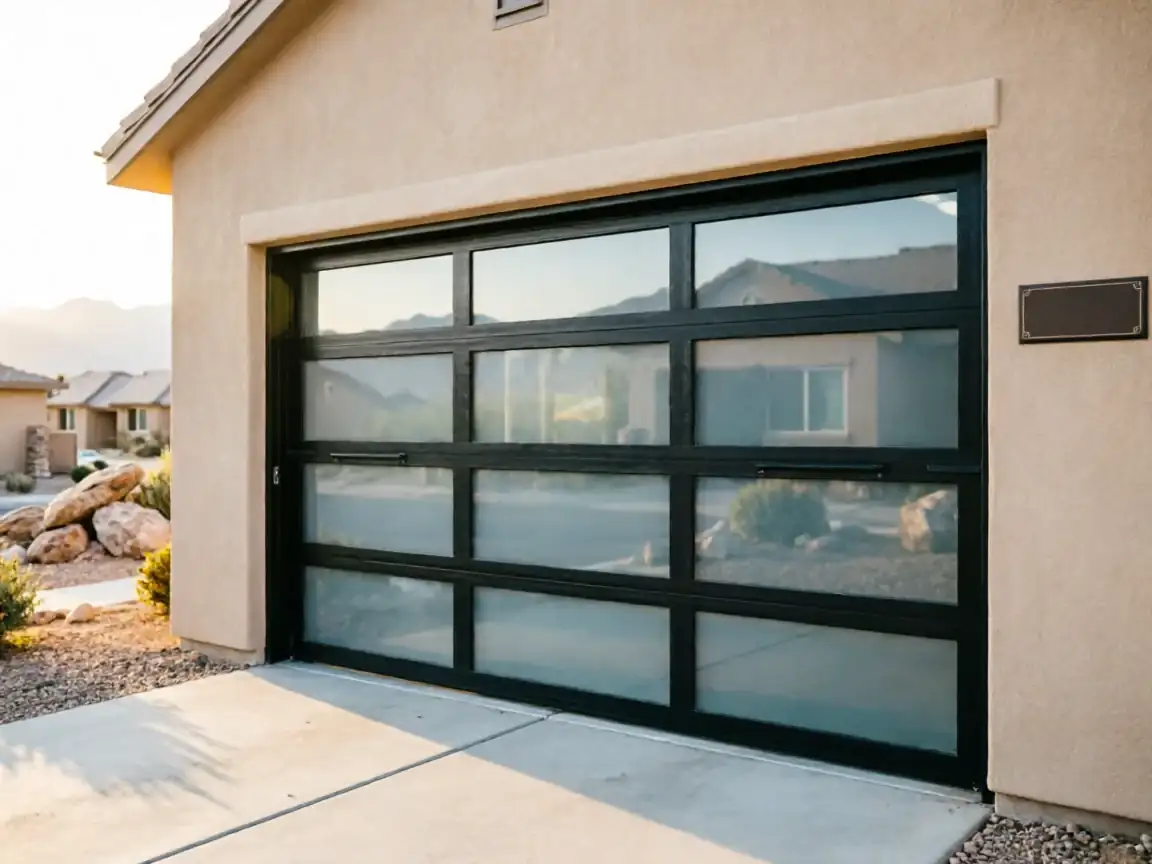 A modern black garage door with frosted glass panels on a tan house.