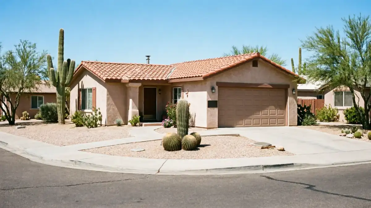 The house has a brown garage door, a tiled roof, and desert landscaping.