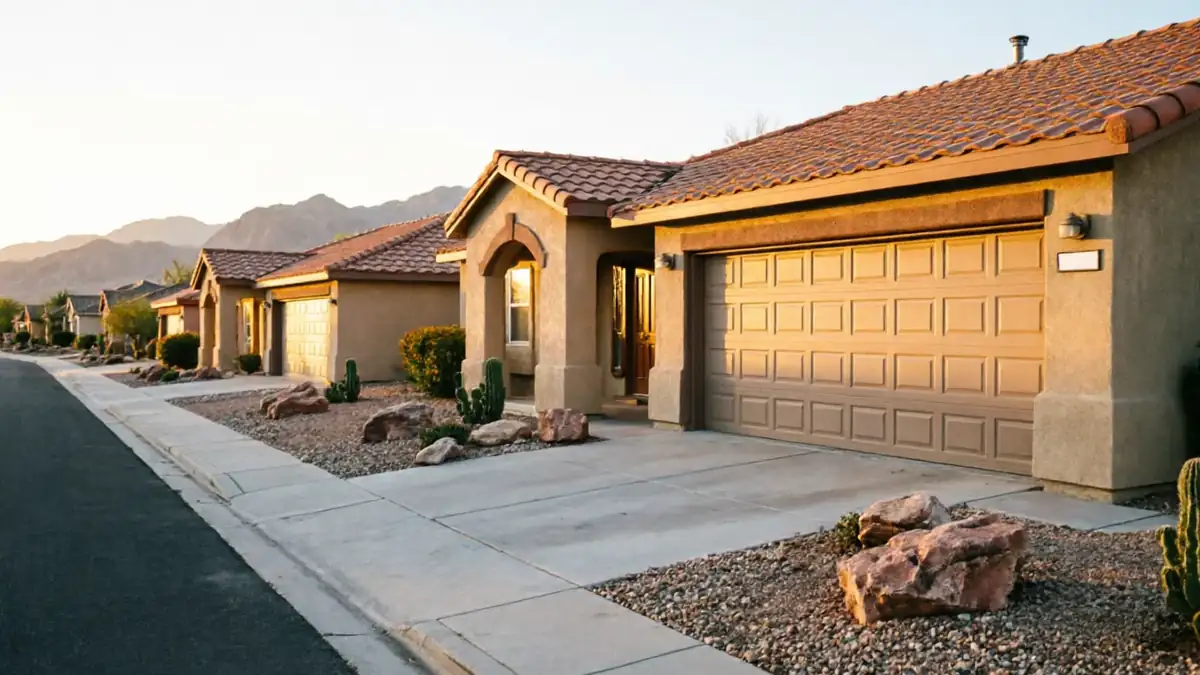 A row of houses with tan garage doors and desert landscaping lines a street.