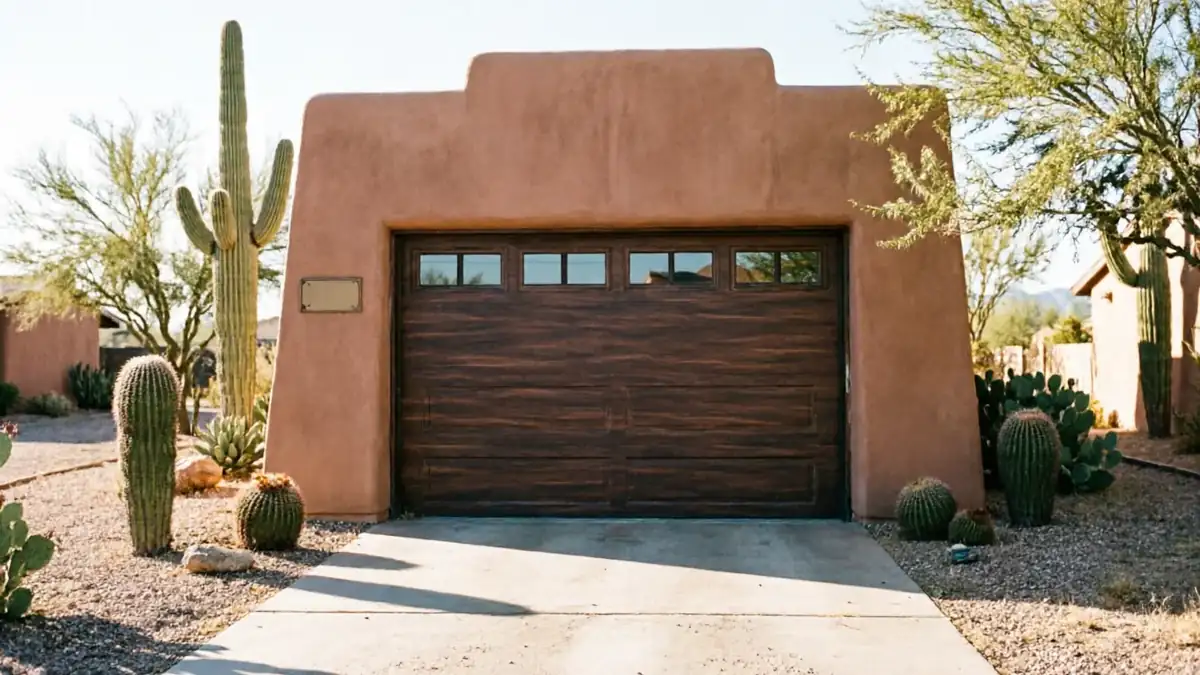 The garage door is dark brown with windows across the top, set in a stucco house.
