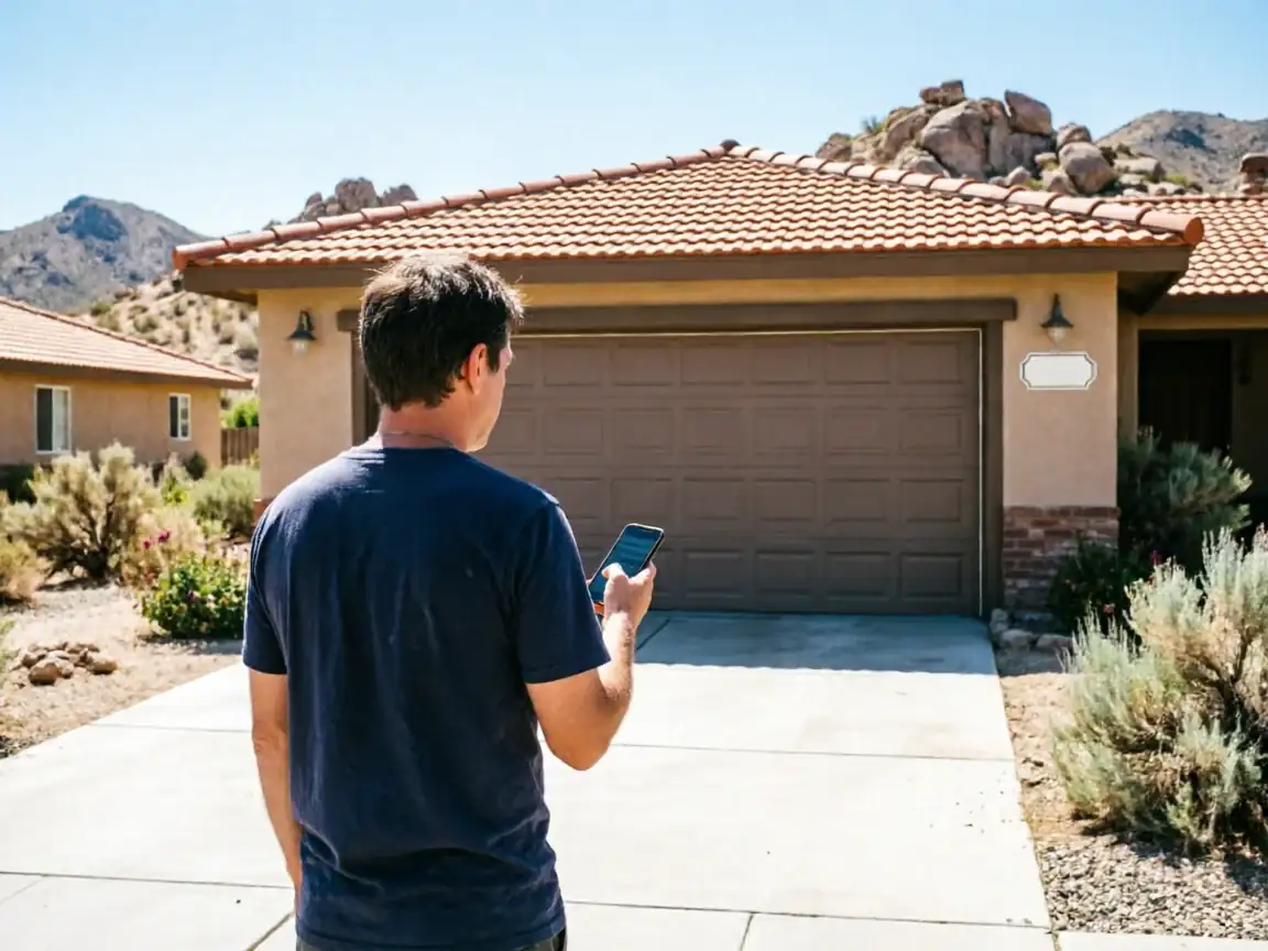 A man stands in a driveway looking at a brown garage door.
